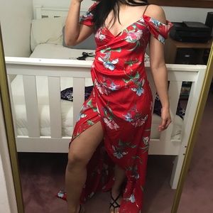 PLT vibrant floral Red high low maxi dress